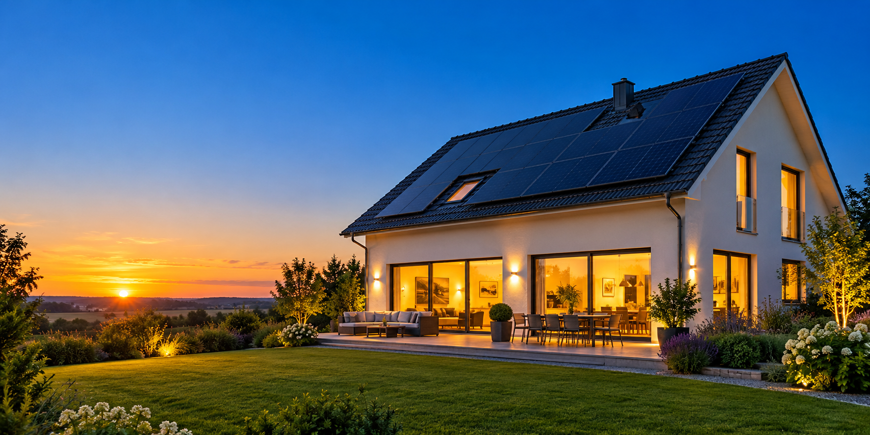 Illustration eines Hauses mit Solarmodulen in der Abendsonne